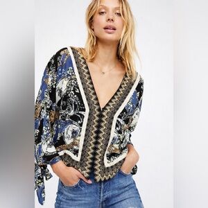 Free People Catch Me If You Can Blouse M Black Boho Leopard Cheetah Top